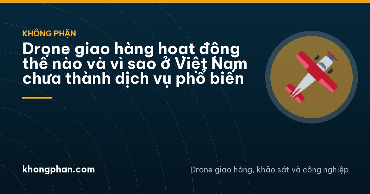 Wide shot of a small delivery drone with a parcel box hovering low over a quiet suburban Vietnamese road lined with trees, late afternoon warm light, person from behind watching